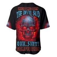 Black baseball jersey with large red and blue skull graphic on back