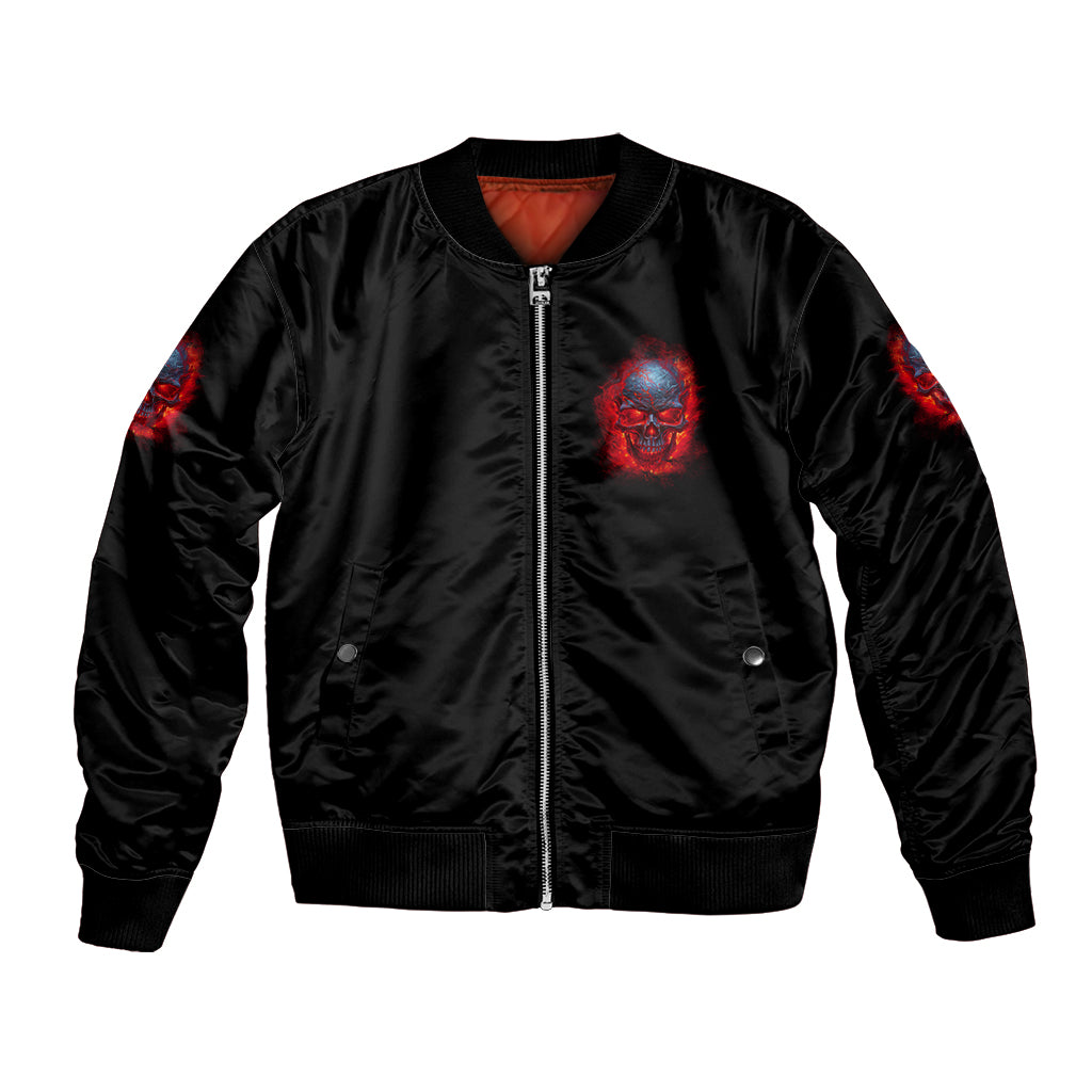 Black bomber jacket with front zipper; chest skull graphic and red flame sleeves