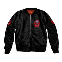 Black bomber jacket with front zipper; chest skull graphic and red flame sleeves