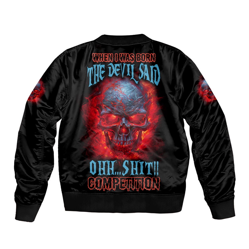 Black bomber jacket with ribbed cuffs; large back skull-and-fire graphic