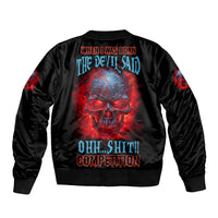 Black bomber jacket with ribbed cuffs; large back skull-and-fire graphic