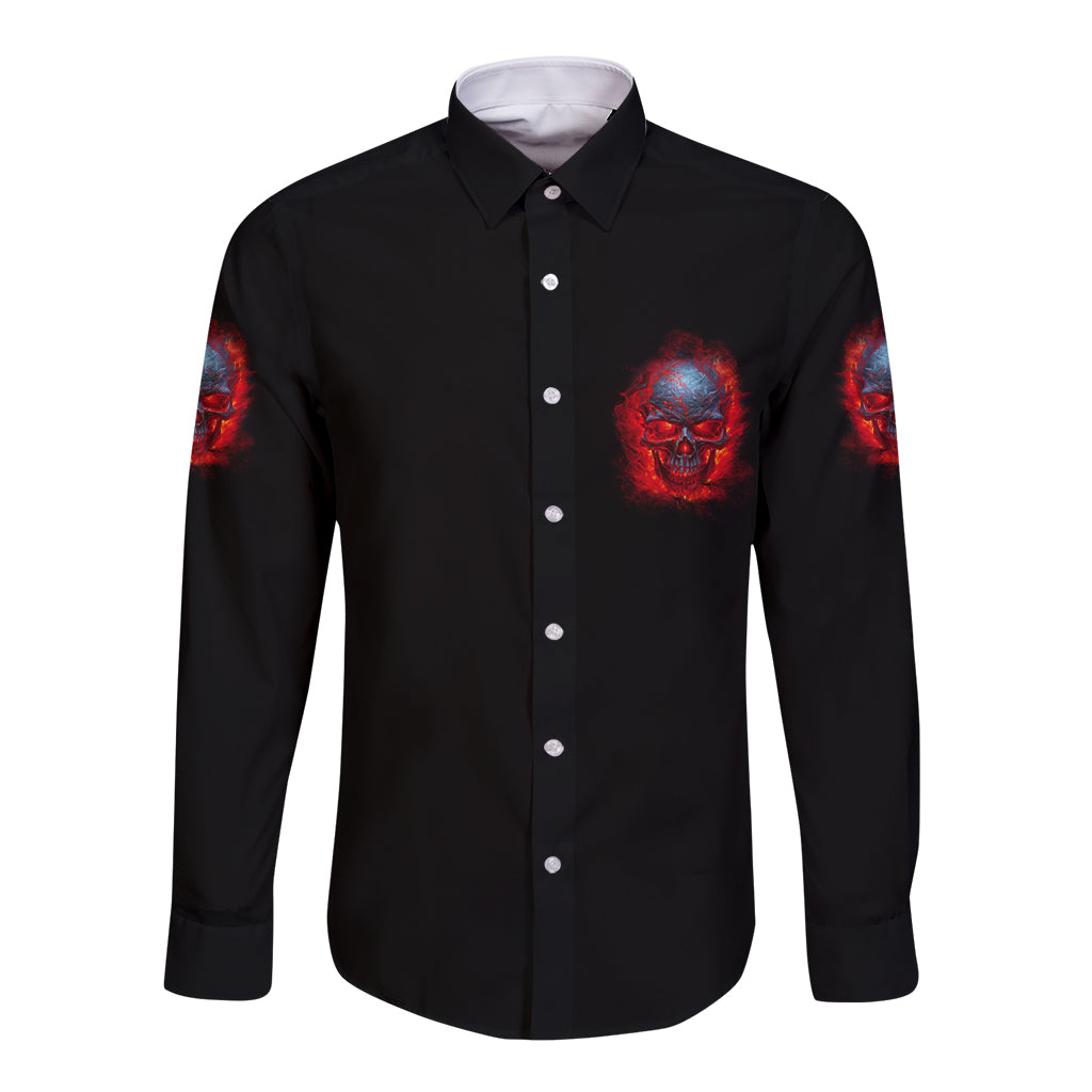 Black long-sleeve button shirt with red skull chest and sleeve graphics