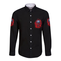 Black long-sleeve button shirt with red skull chest and sleeve graphics