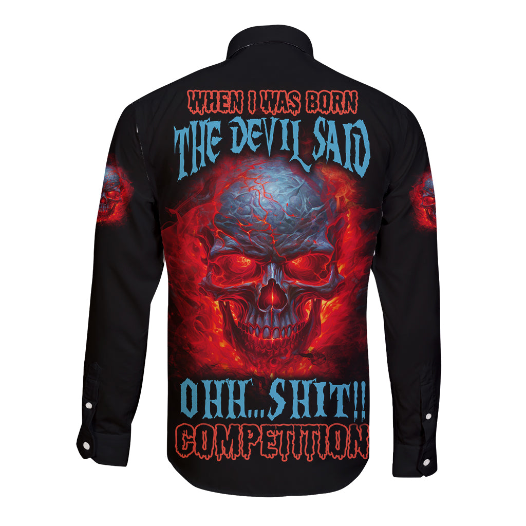 Black long-sleeve button shirt with back skull graphic and fiery red text