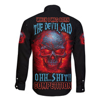 Black long-sleeve button shirt with back skull graphic and fiery red text
