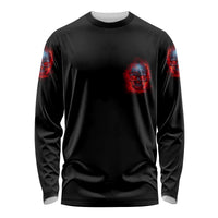 Black long sleeve shirt with red-blue skull print on sleeves