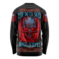 Black long sleeve shirt with fiery skull graphic and bold back lettering