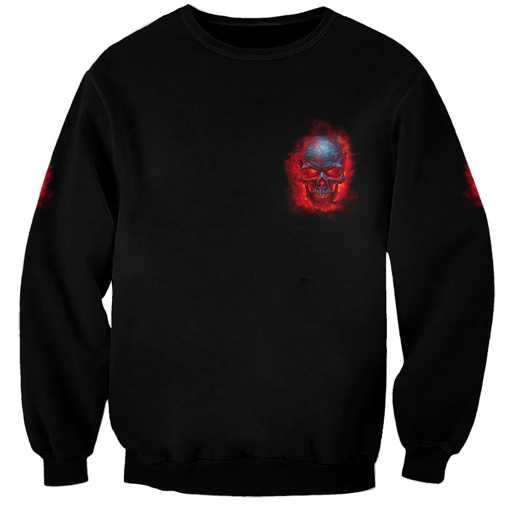 Black unisex sweatshirt with small red-blue fire skull logo on front