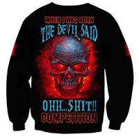 Black unisex sweatshirt with large fire skull graphic on back, multicolor text
