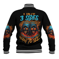 Black baseball varsity jacket with multicolor skull reaper graphic on back, striped cuffs