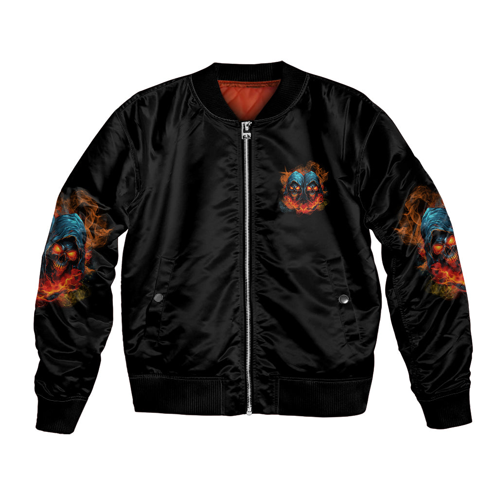 Black bomber jacket with front zipper, skull patch, and multicolor sleeve art