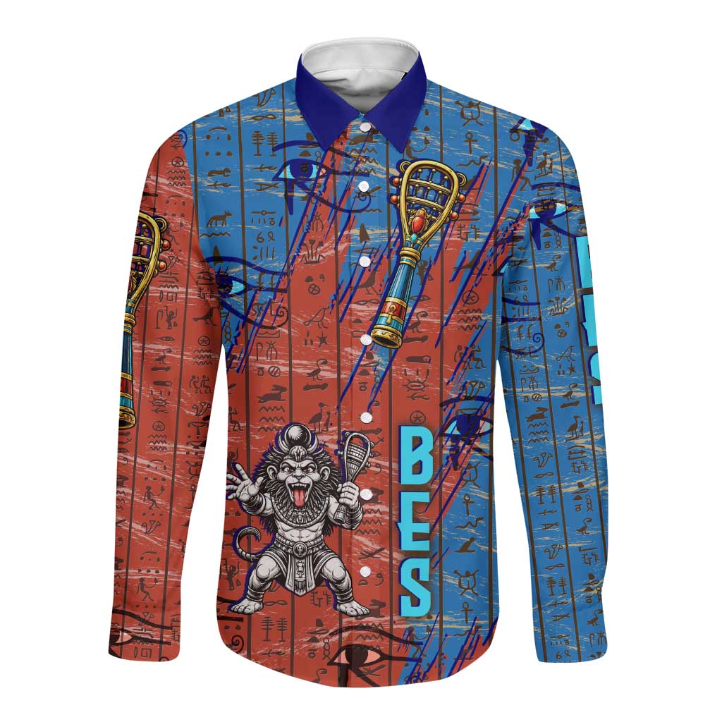 Bes Long Sleeve Button Shirt Ancient Egyptian Hieroglyphs and Sacred Symbols Ancient Myth - Wonder Print Shop