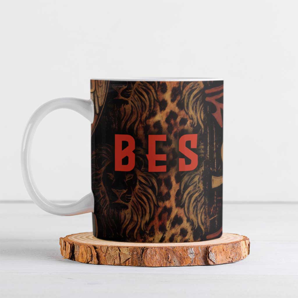 Bes Ancient Egyptian Ceramic Mug with Leopard Print Ankh and Eye of Horus Egyptian Deity Tribute - Wonder Print Shop