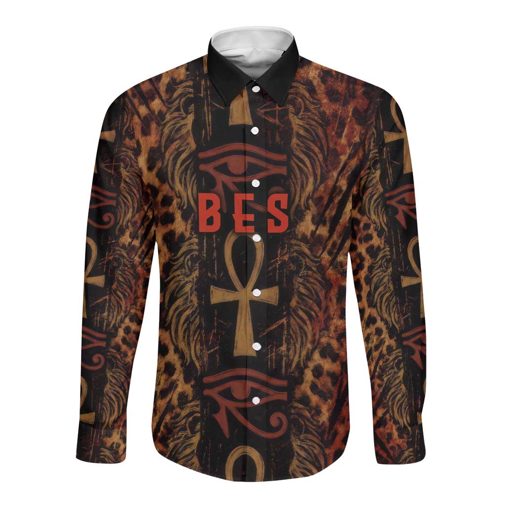 Bes Ancient Egyptian Long Sleeve Button Shirt with Leopard Print Ankh and Eye of Horus Egyptian Deity Tribute - Wonder Print Shop