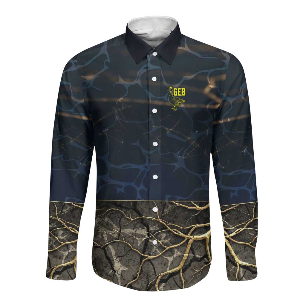 Geb Long Sleeve Button Shirt Ancient Egyptian Cracked Earth and Wheat Illustration Egyptian Earth God - Wonder Print Shop
