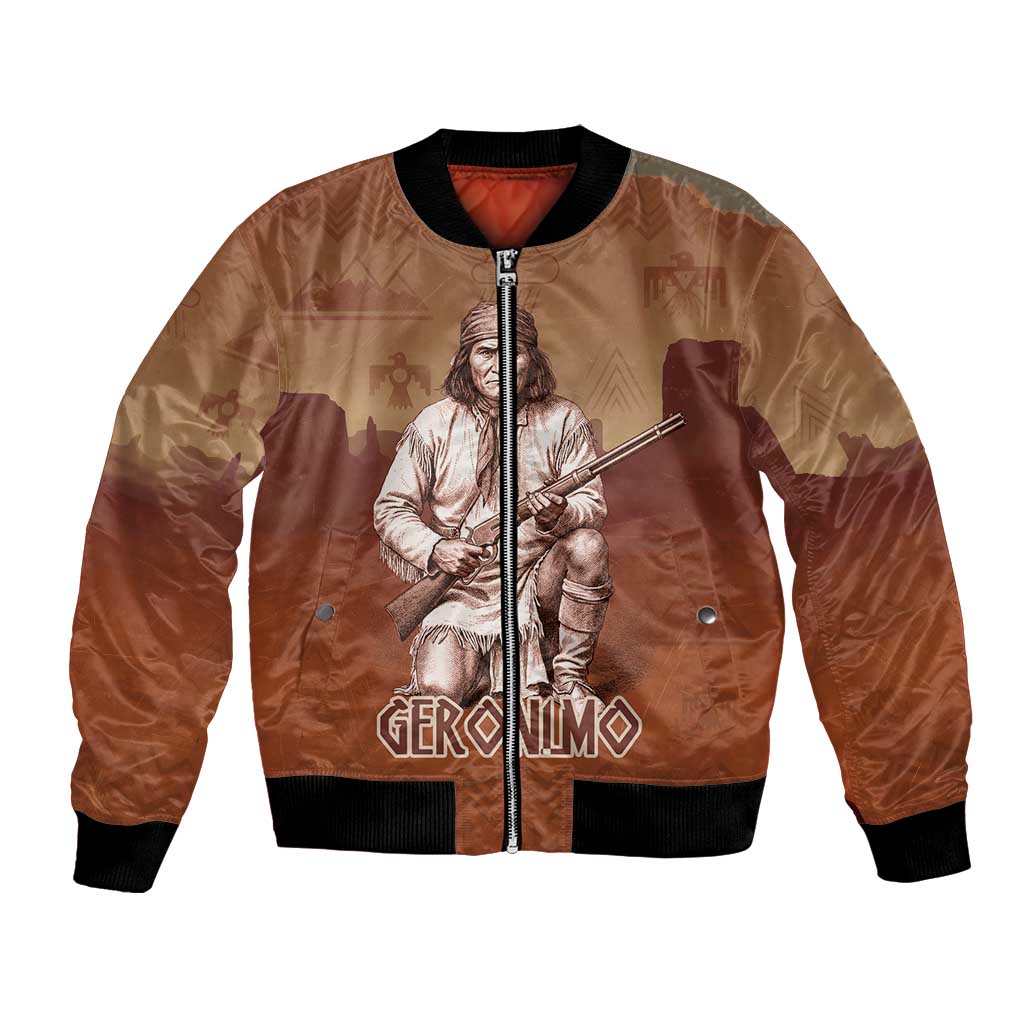 Geronimo Native American Bomber Jacket Rifle and Desert Landscape Native American Warrior - Wonder Print Shop