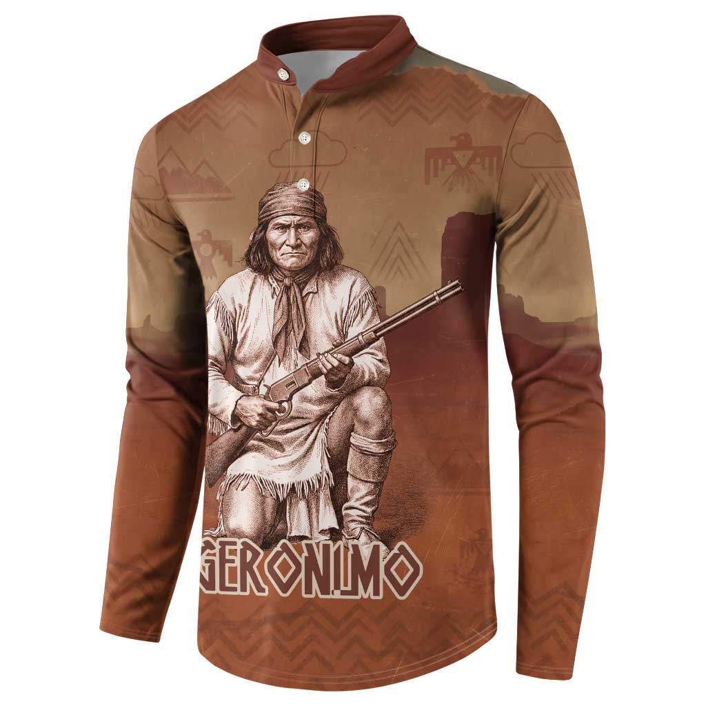 Geronimo Native American Button Sweatshirt Rifle and Desert Landscape Native American Warrior - Wonder Print Shop