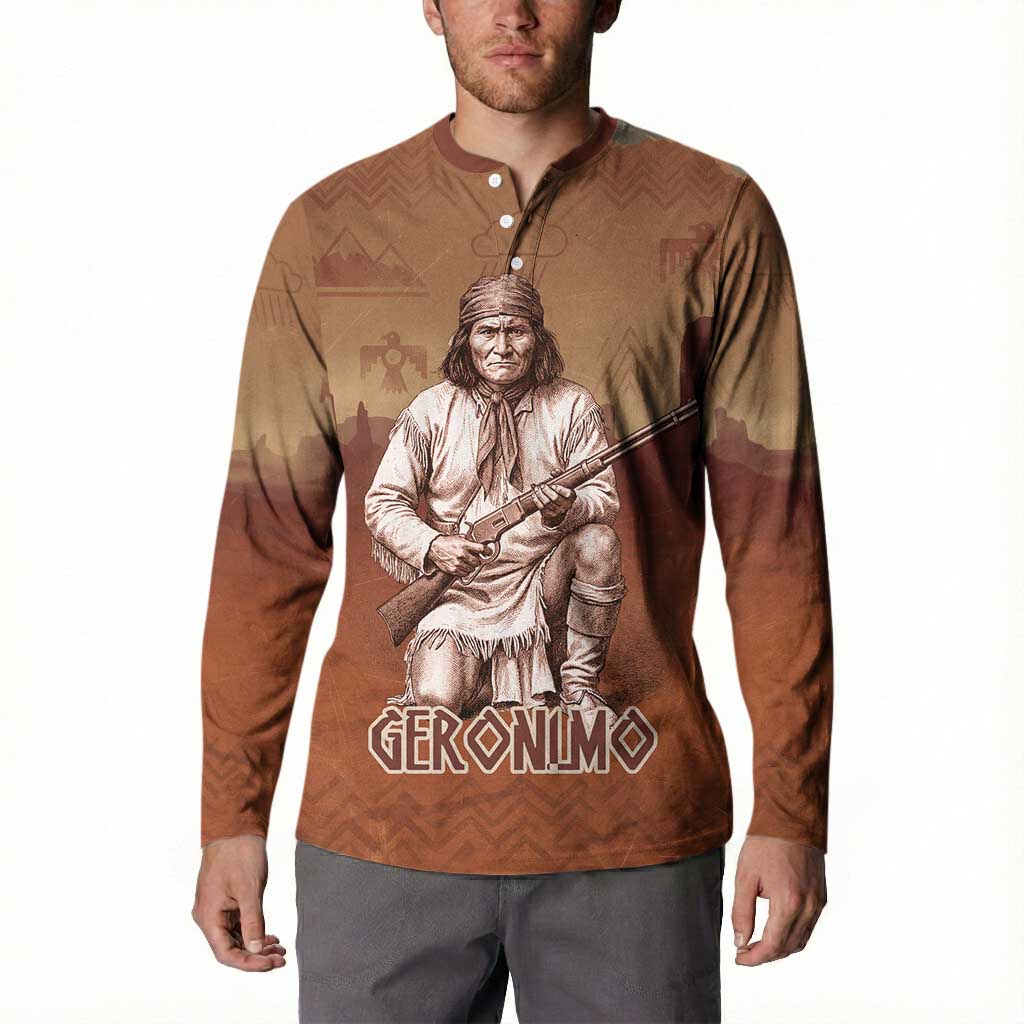 Geronimo Native American Button Sweatshirt Rifle and Desert Landscape Native American Warrior - Wonder Print Shop