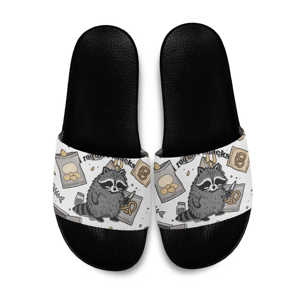 I Require Snacks Raccoon Slide Sandals Cute Bandit Raccoon Chaos with a Knife