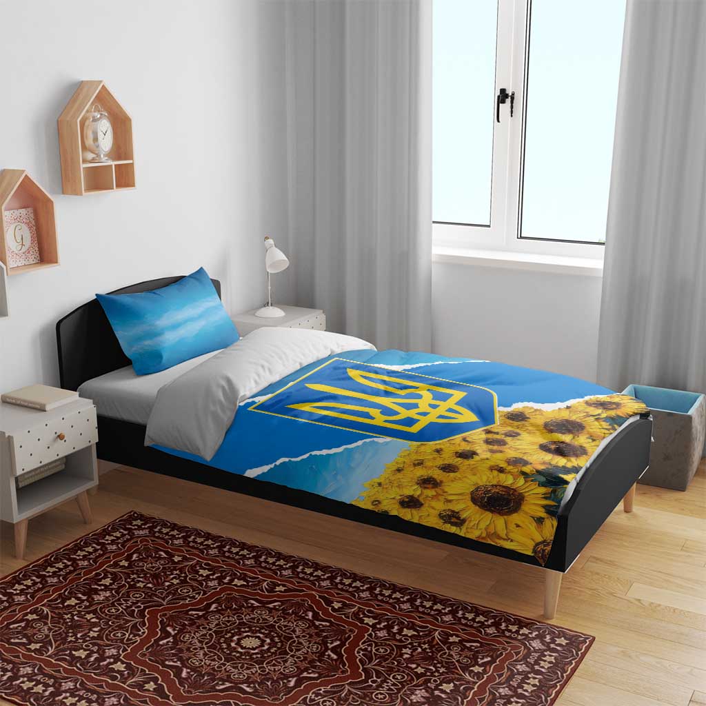 Ukraine Pride Bedding Set Map, Flag & Tryzub with Sunflower Field Patriotic