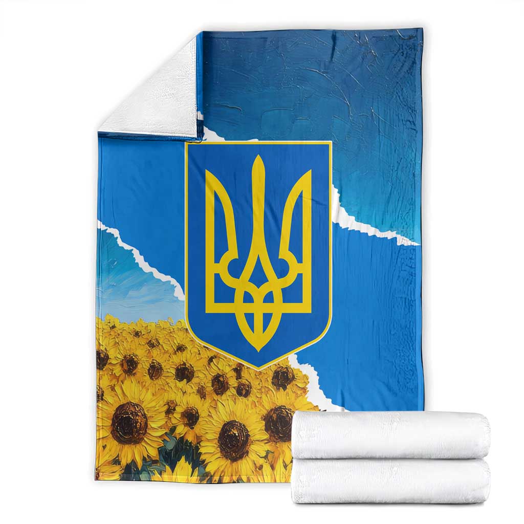 Ukraine Pride Blanket Map, Flag & Tryzub with Sunflower Field Patriotic