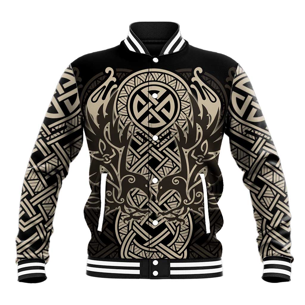 Celtic Trinity Knot Raven Emblem Baseball Jacket Intricate Norse Tribal Knotwork Illustration
