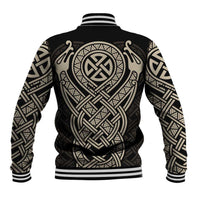 Celtic Trinity Knot Raven Emblem Baseball Jacket Intricate Norse Tribal Knotwork Illustration