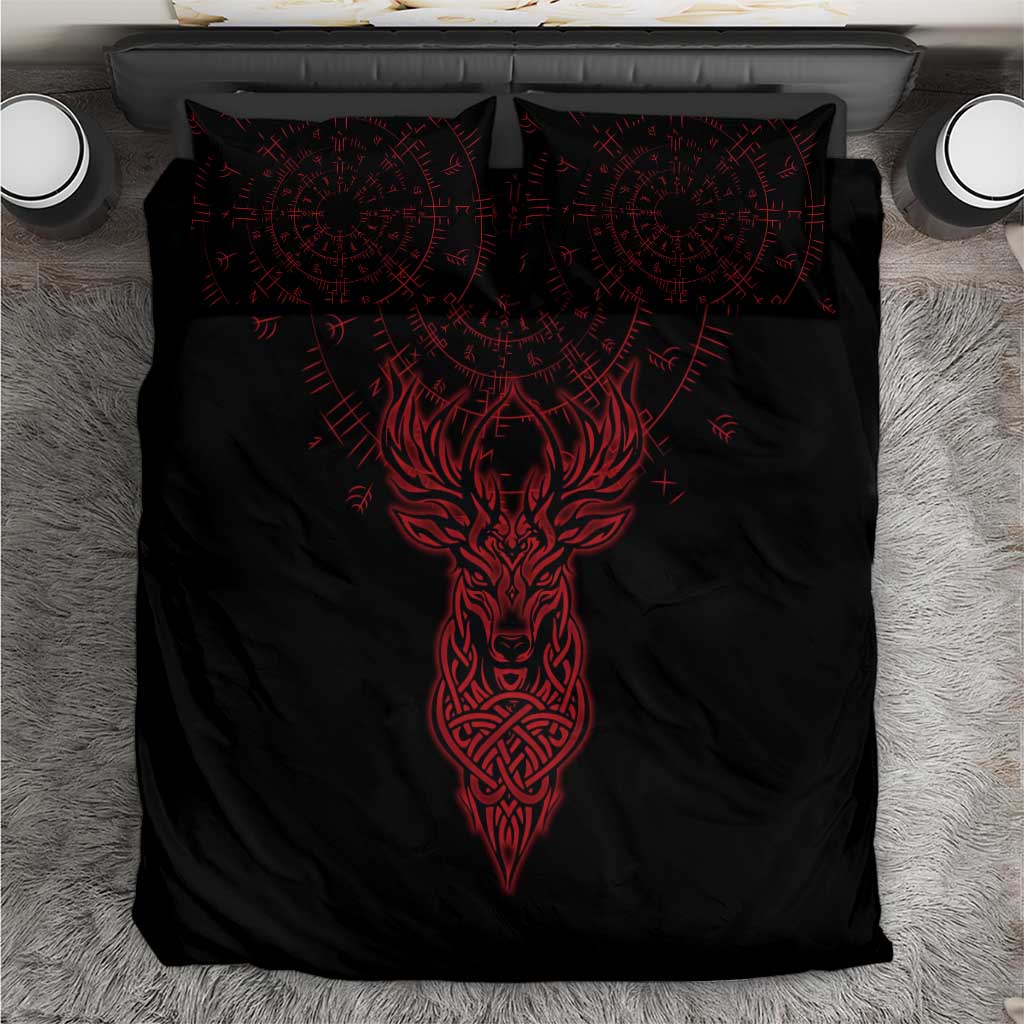 Viking Stag and Helm of Awe Symbol Bedding Set Glowing Norse Runic Tribal Illustration