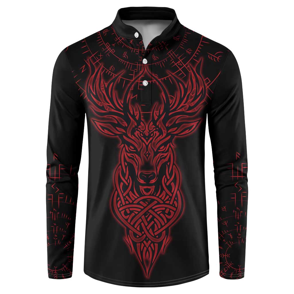 Viking Stag and Helm of Awe Symbol Button Sweatshirt Glowing Norse Runic Tribal Illustration