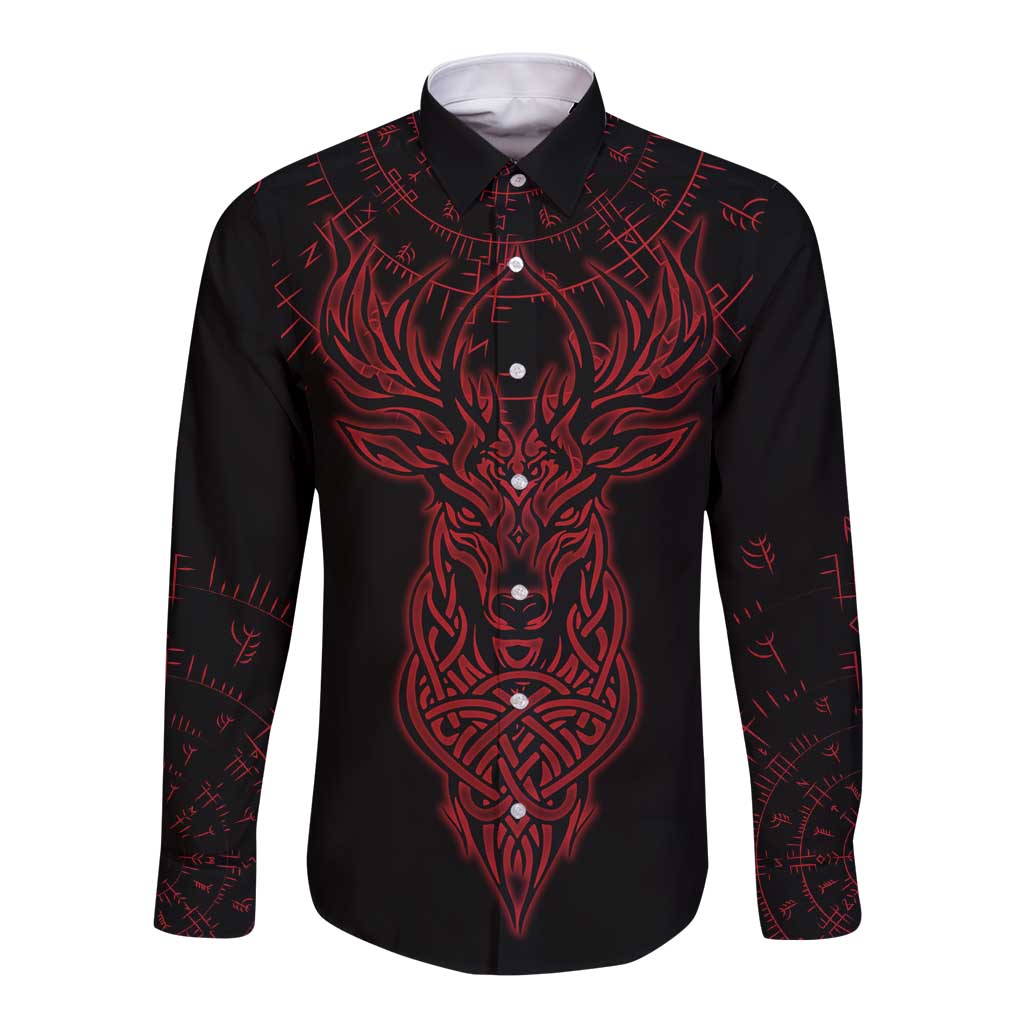 Viking Stag and Helm of Awe Symbol Long Sleeve Button Shirt Glowing Norse Runic Tribal Illustration