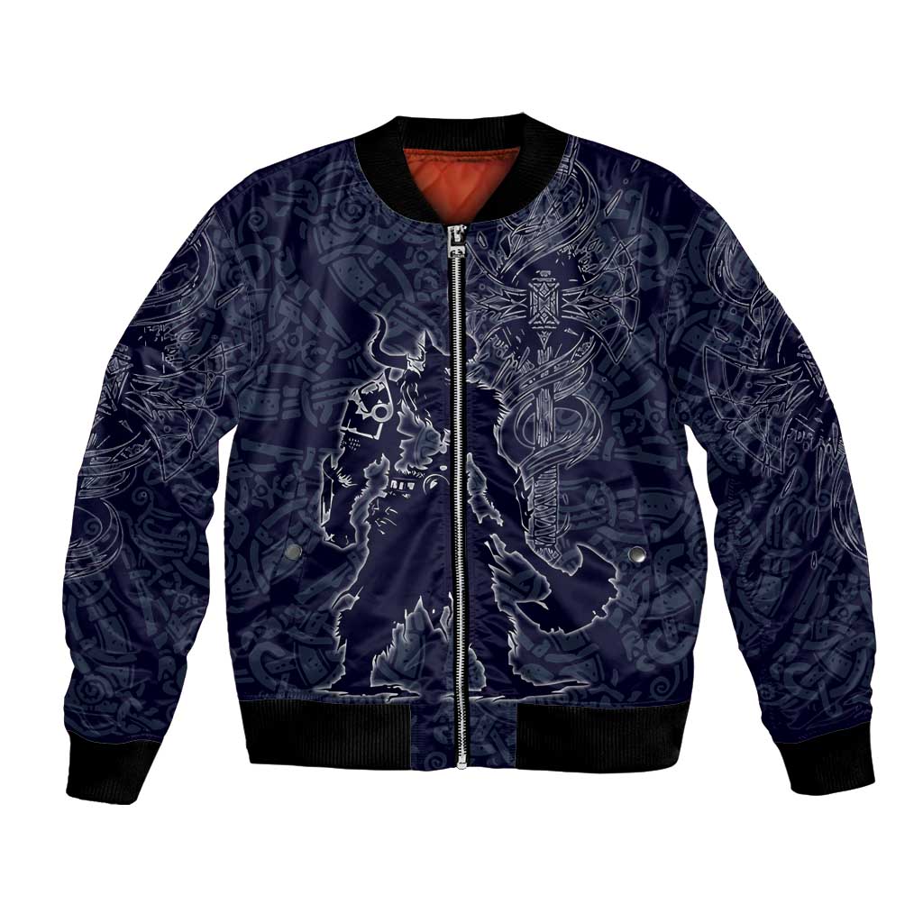Odin Silhouette with Raven and Valknut Bomber Jacket Nordic Mythology Line Art Illustration