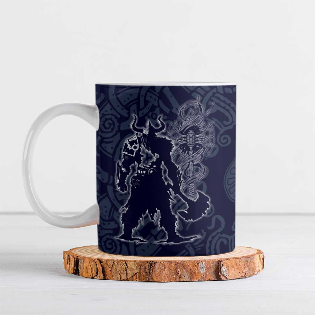 Odin Silhouette with Raven and Valknut Ceramic Mug Nordic Mythology Line Art Illustration