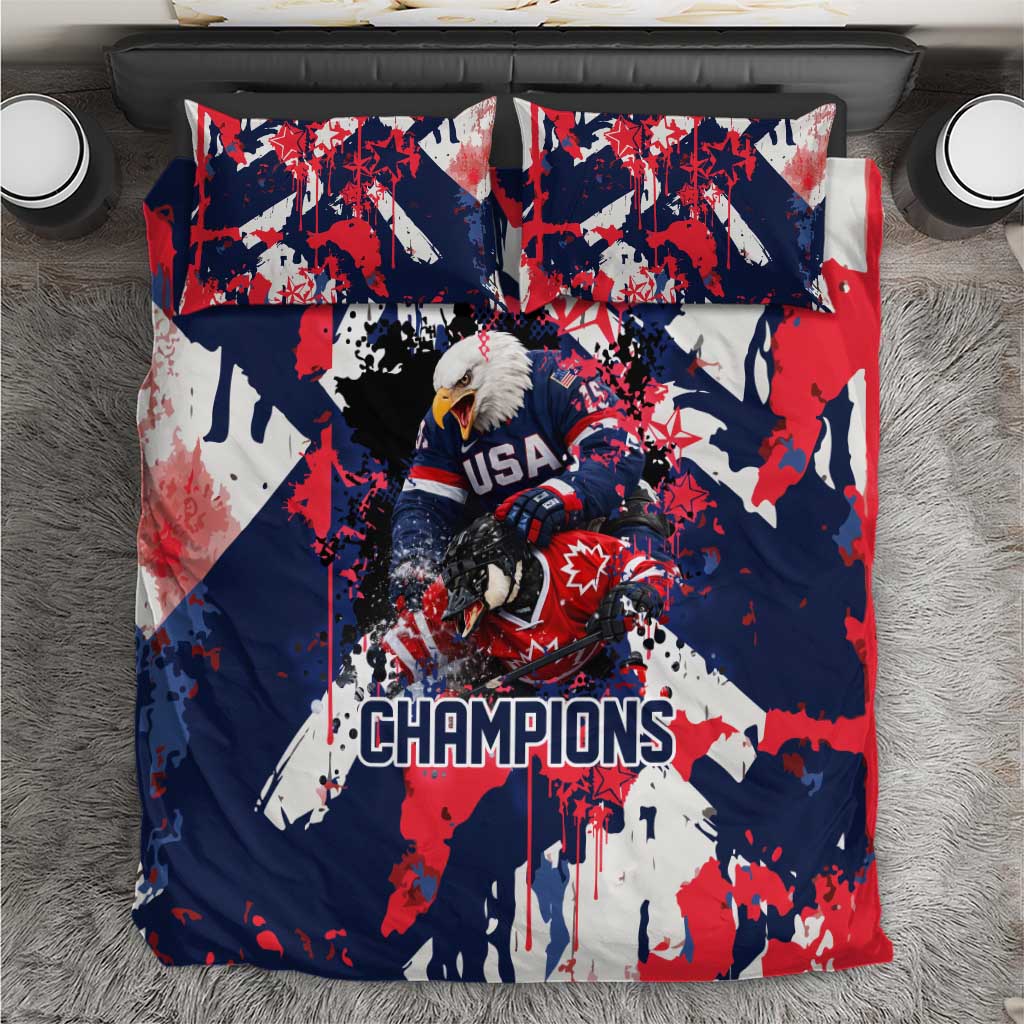 USA Ice Hockey Champions Eagle Bedding Set Patriotic Paint Splash Graffiti Art