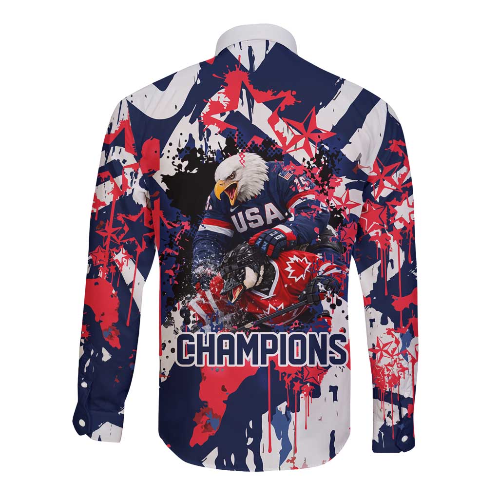 USA Ice Hockey Champions Eagle Long Sleeve Button Shirt Patriotic Paint Splash Graffiti Art