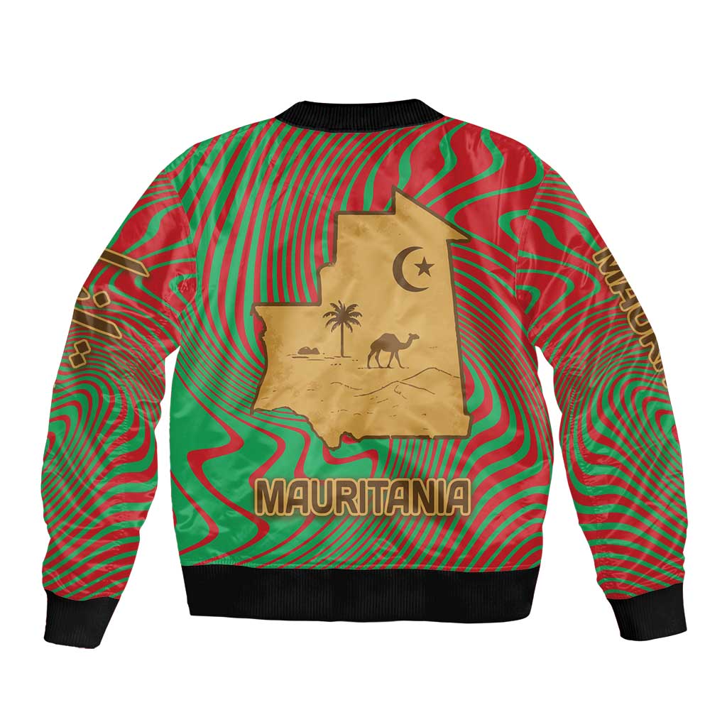 Multicolor bomber jacket back with desert map, camel and crescent moon; MAURITANIA text.
