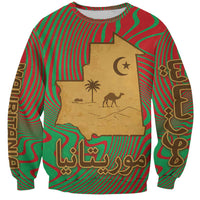 Multicolor sweatshirt with red-green wavy stripes and desert map camel, palm, crescent moon graphic