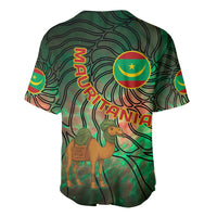 Green tie-dye baseball jersey with camel, MAURITANIA lettering, flag circle emblem