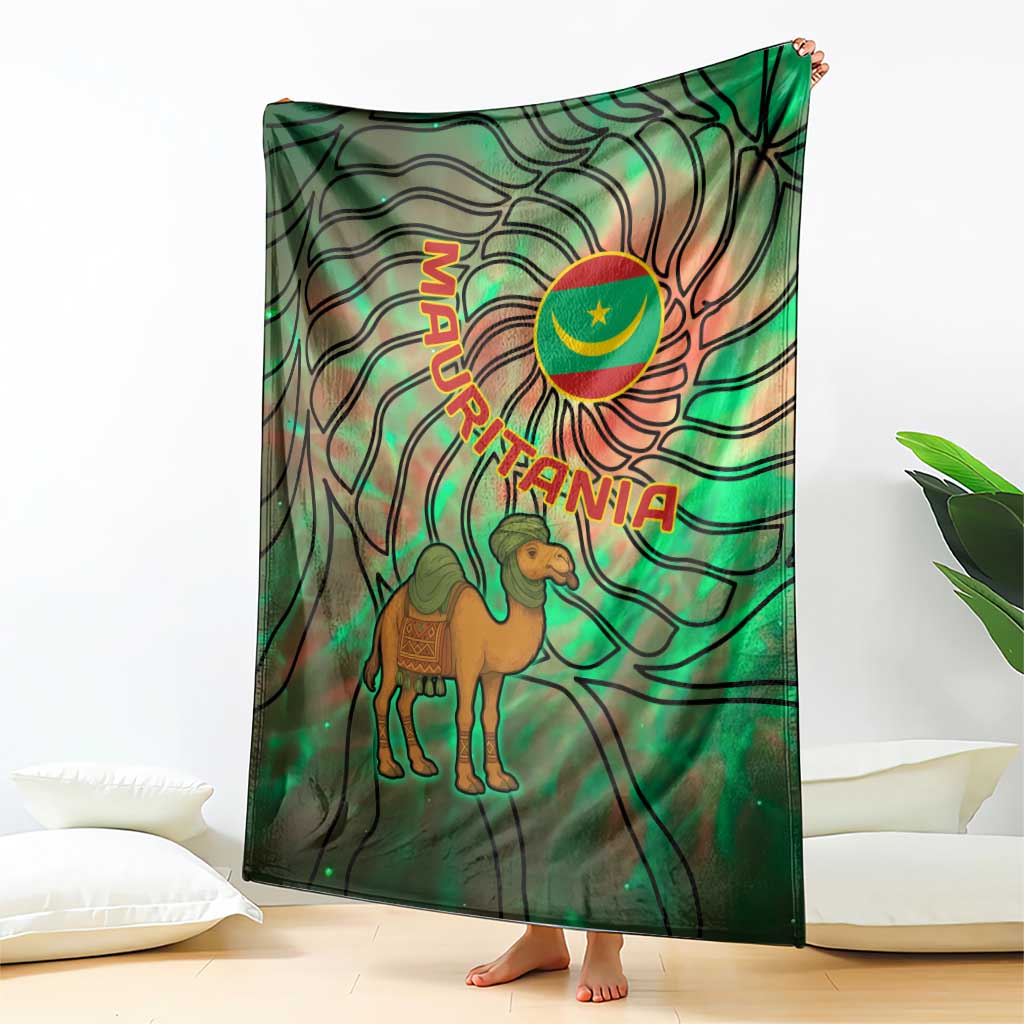 Green tie-dye blanket with camel and Mauritania flag emblem graphic, shown upright