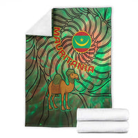 Green tie-dye blanket with camel, Mauritania flag emblem, and crescent moon graphic
