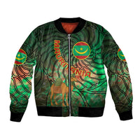 Unisex green multicolor bomber jacket with zipper, camel and Mauritania flag graphics