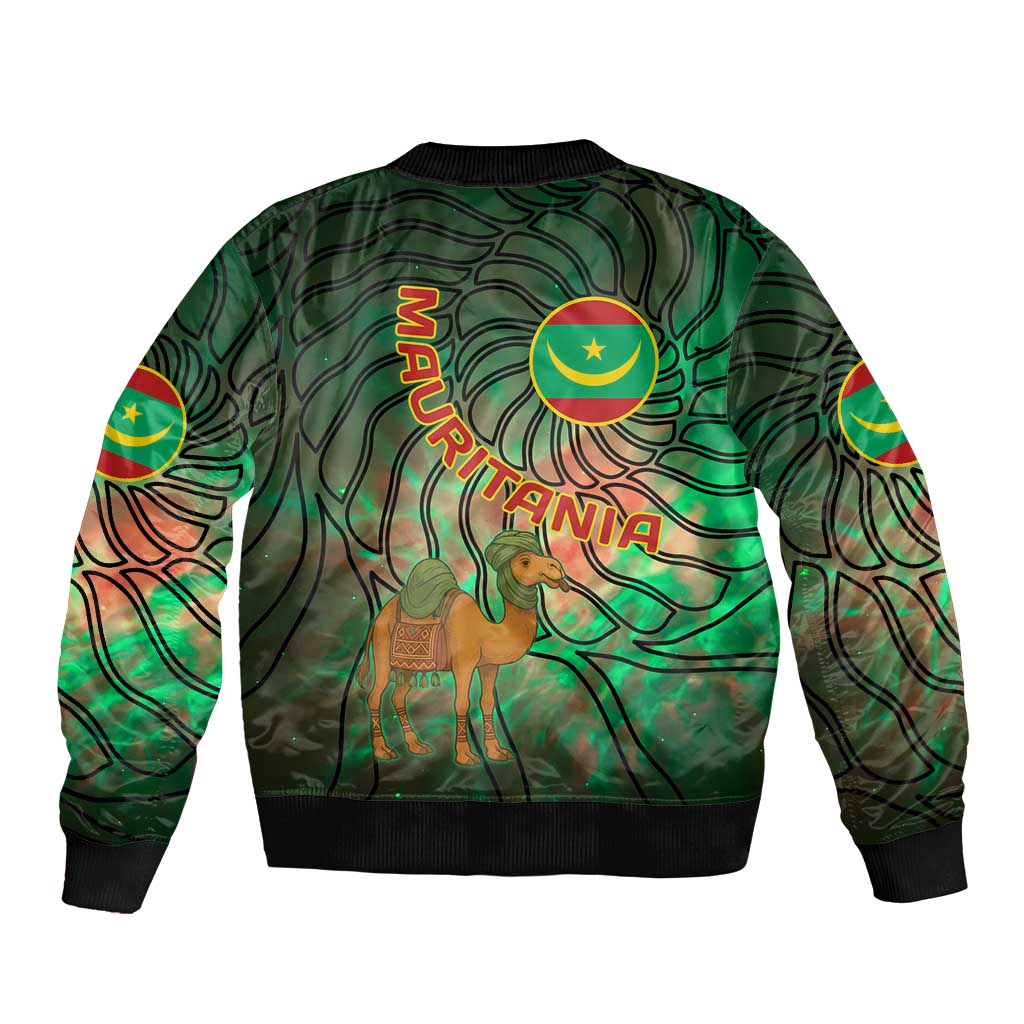 Unisex green multicolor bomber jacket back view with camel and Mauritania flag emblem