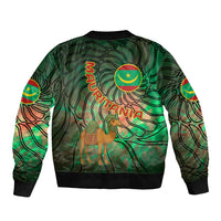 Unisex green multicolor bomber jacket back view with camel and Mauritania flag emblem