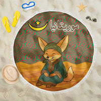 Round beach blanket with green fennec fox, Arabic calligraphy, and fringe edge