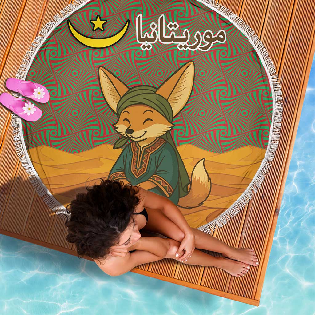 Round beach blanket with fennec fox portrait, Arabic calligraphy, multicolor design and fringe
