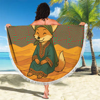 Round beach blanket draped in air, featuring fennec fox, Arabic calligraphy, and white fringe
