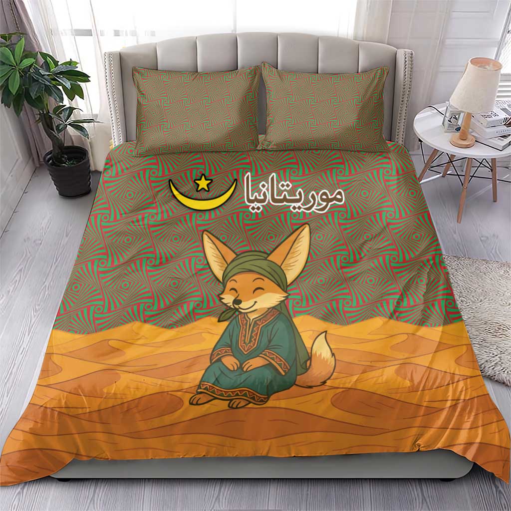 Mauritania Bedding Set with Cute Fennec Fox and Arabic Calligraphy Desert Design