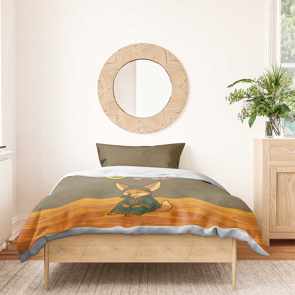 Mauritania Bedding Set with Cute Fennec Fox and Arabic Calligraphy Desert Design