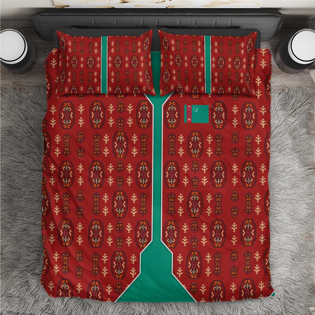 Turkmenistan Traditional Carpet Pattern Bedding Set with National Flag