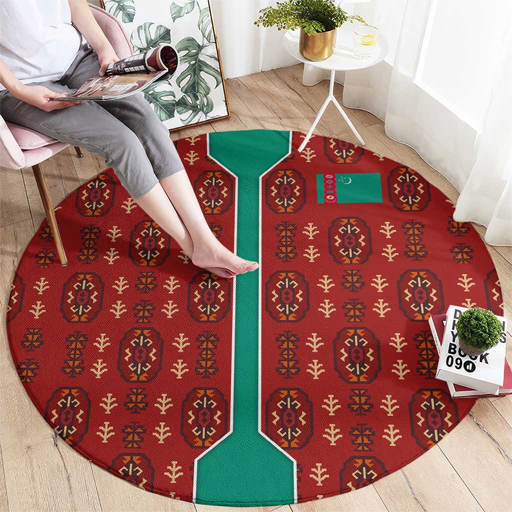 Turkmenistan Traditional Carpet Pattern Round Carpet with National Flag