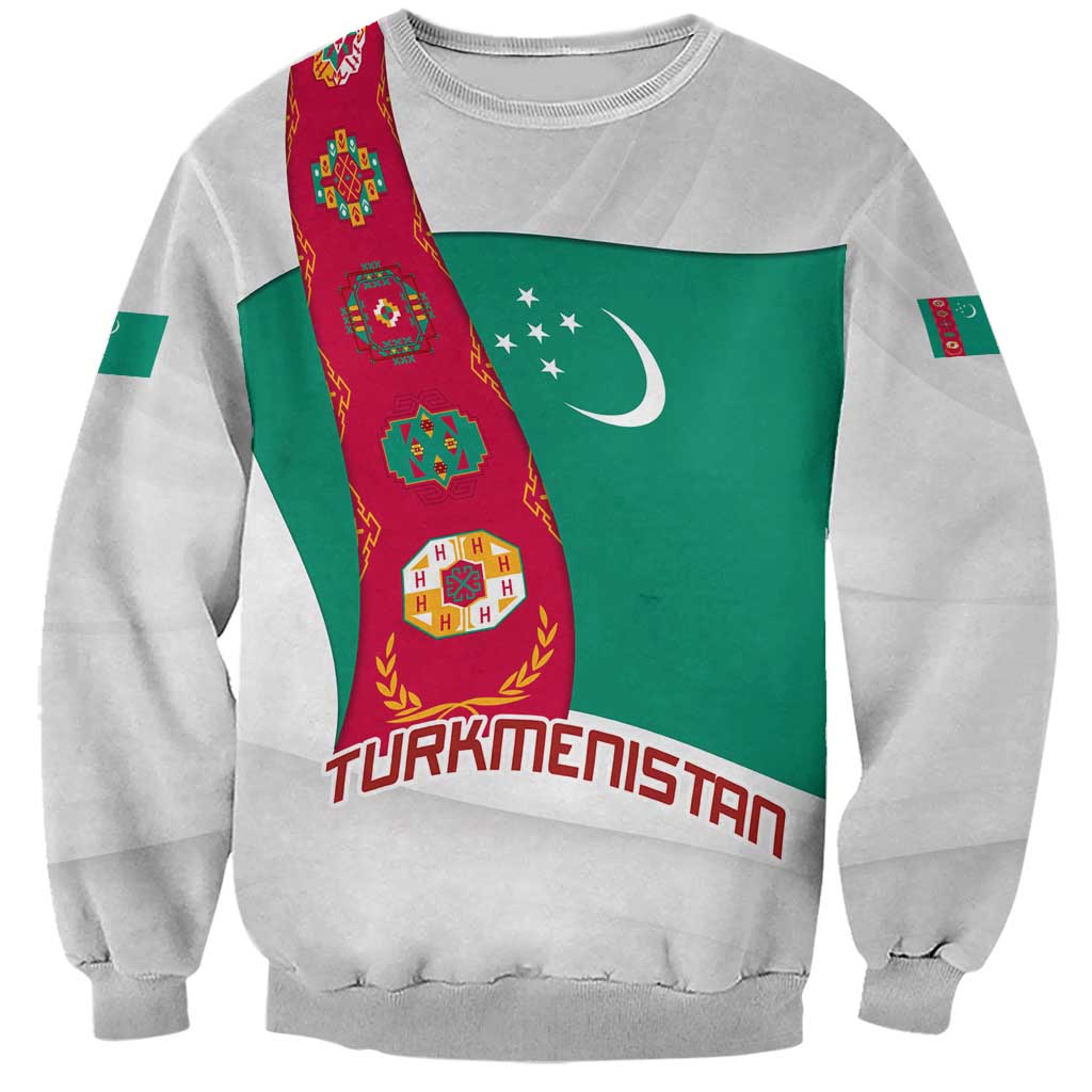 Turkmenistan Flag Sweatshirt with National Emblem and Carpet Stripe Design
